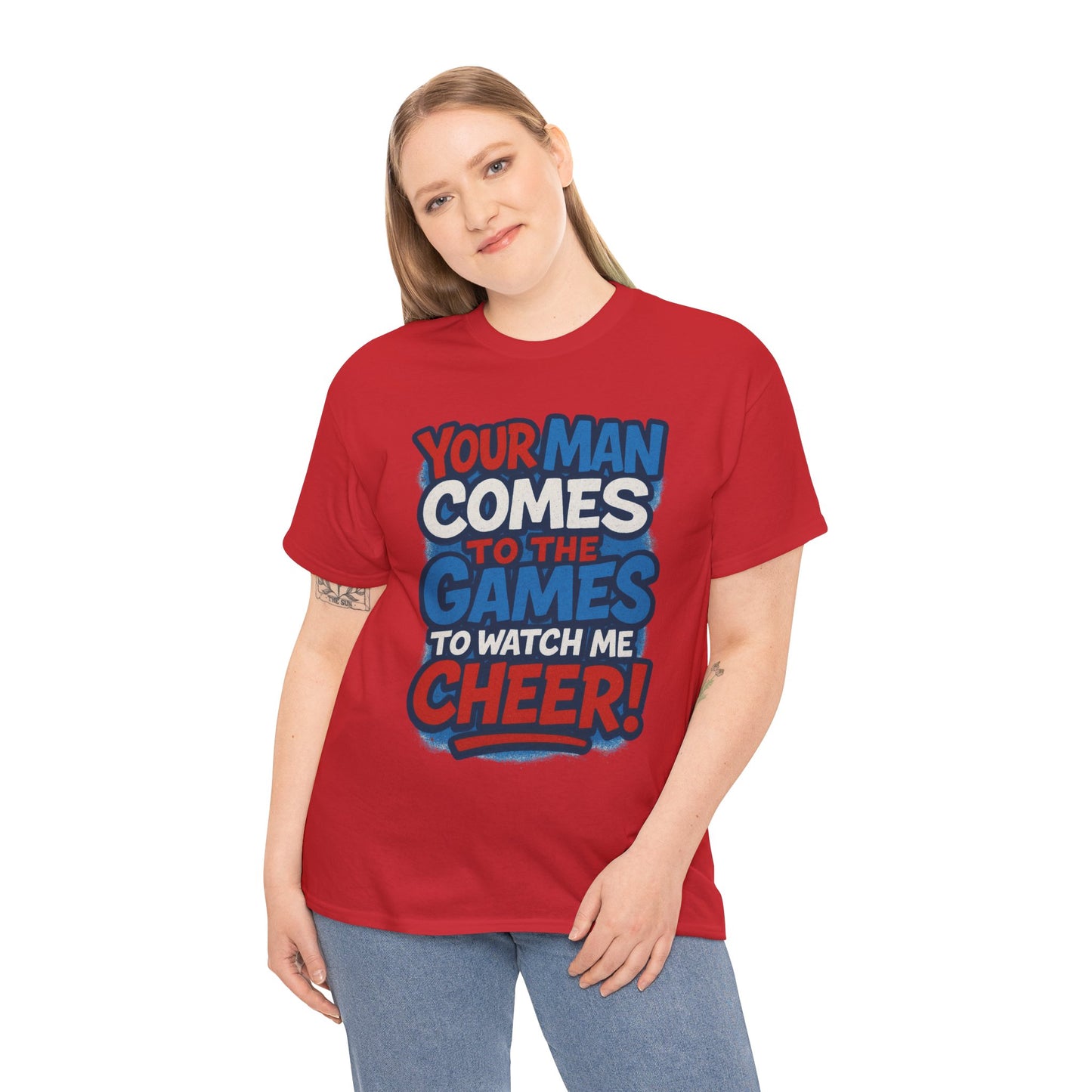Cheerleader Your Man Watches Me Cotton Tee - Fan Apparel Red White Blue