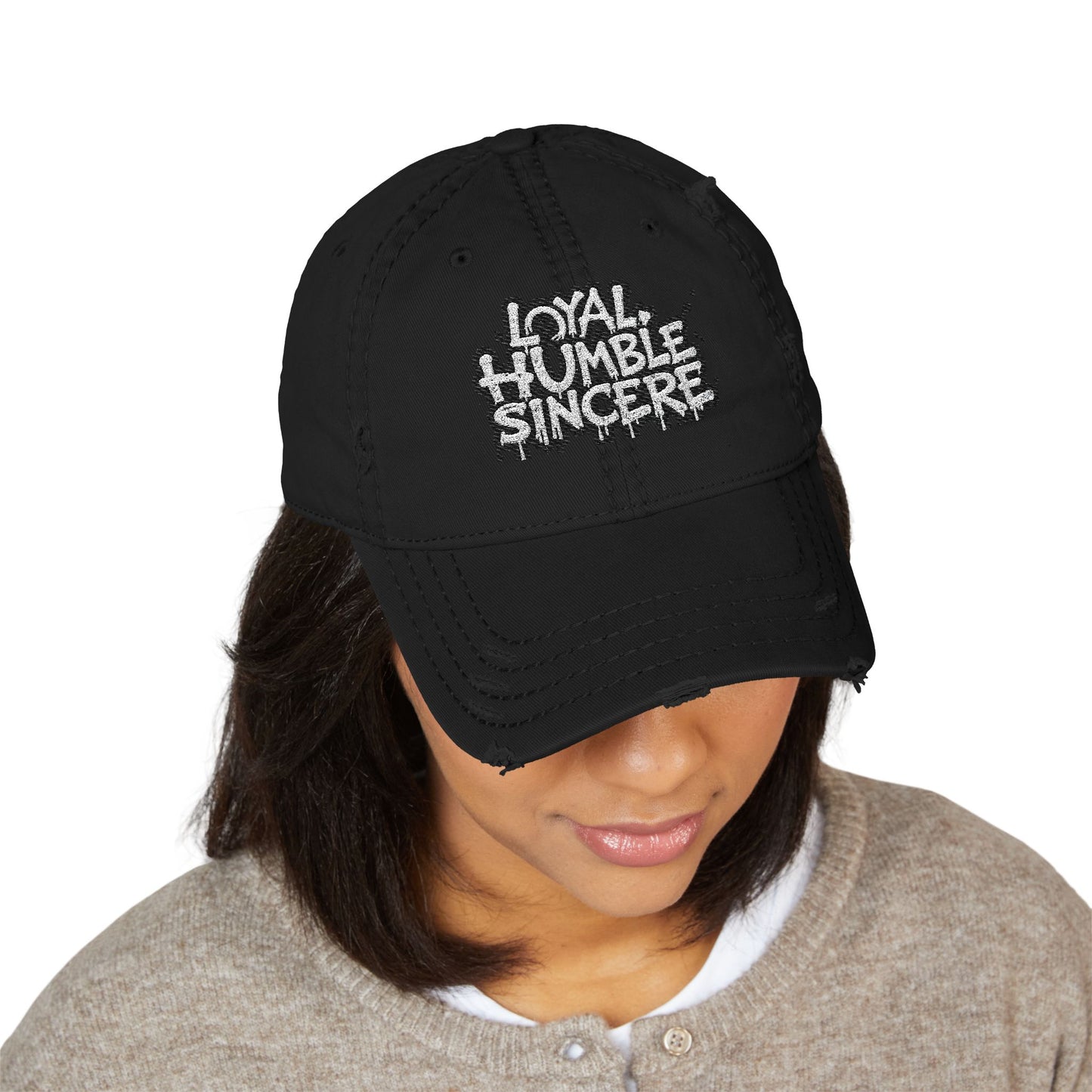 Embroidery Distressed Dad Hat with Loyal, Humble, Sincere