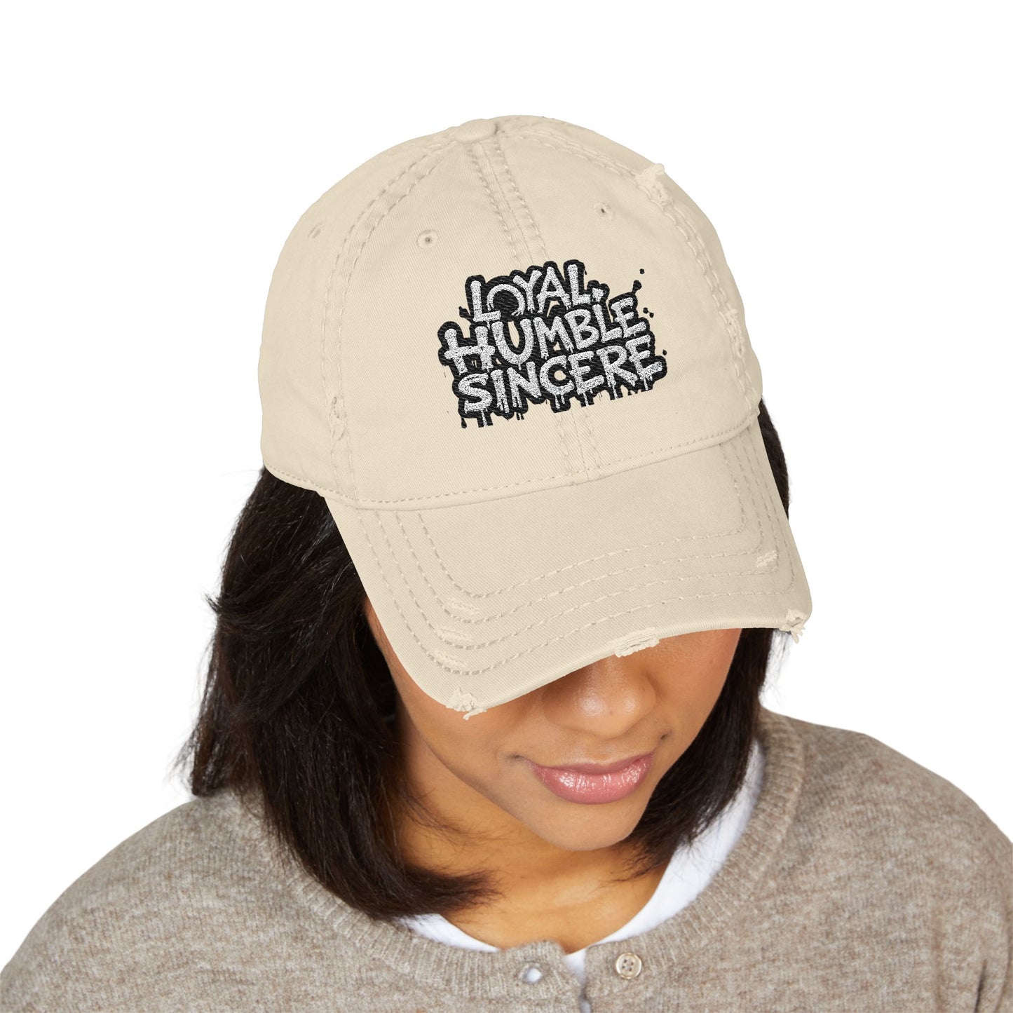 Embroidery Distressed Dad Hat with Loyal, Humble, Sincere