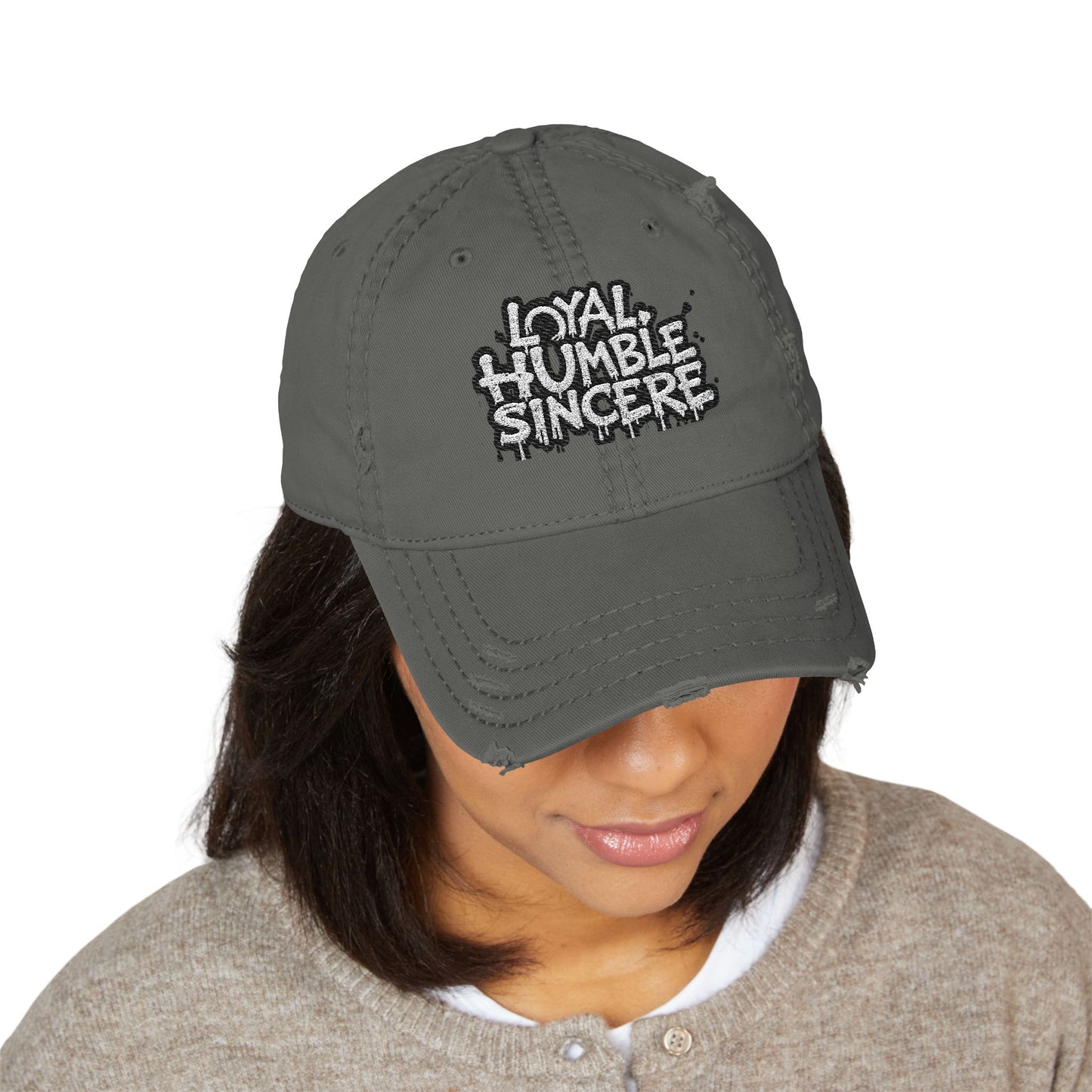 Embroidery Distressed Dad Hat with Loyal, Humble, Sincere