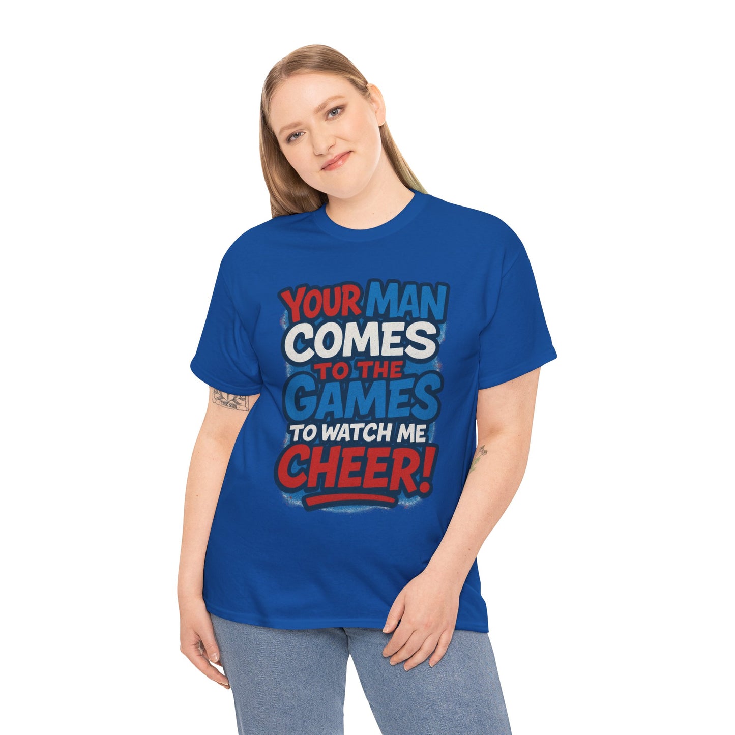 Cheerleader Your Man Watches Me Cotton Tee - Fan Apparel Red White Blue
