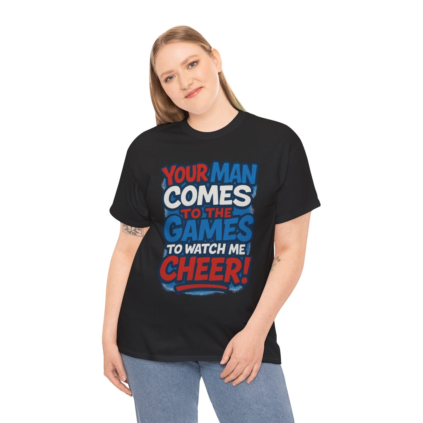 Cheerleader Your Man Watches Me Cotton Tee - Fan Apparel Red White Blue