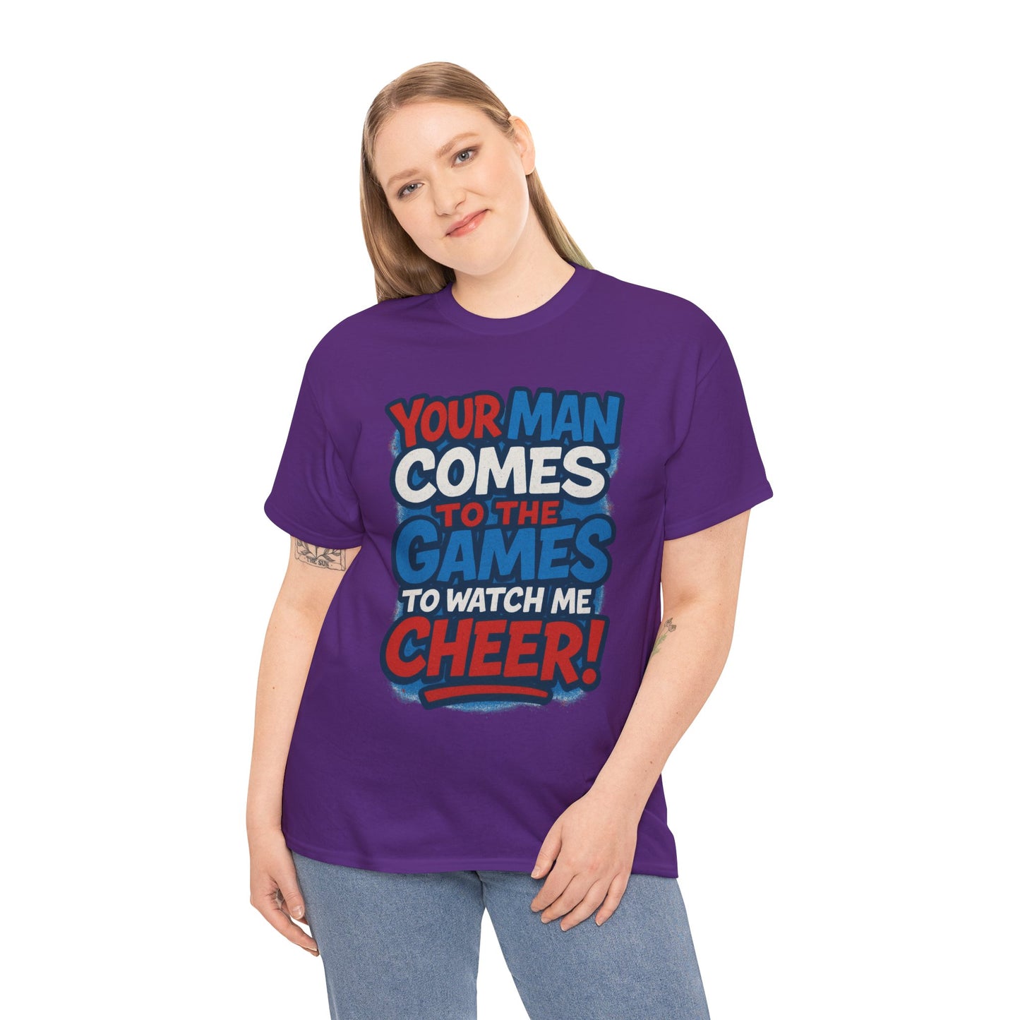 Cheerleader Your Man Watches Me Cotton Tee - Fan Apparel Red White Blue