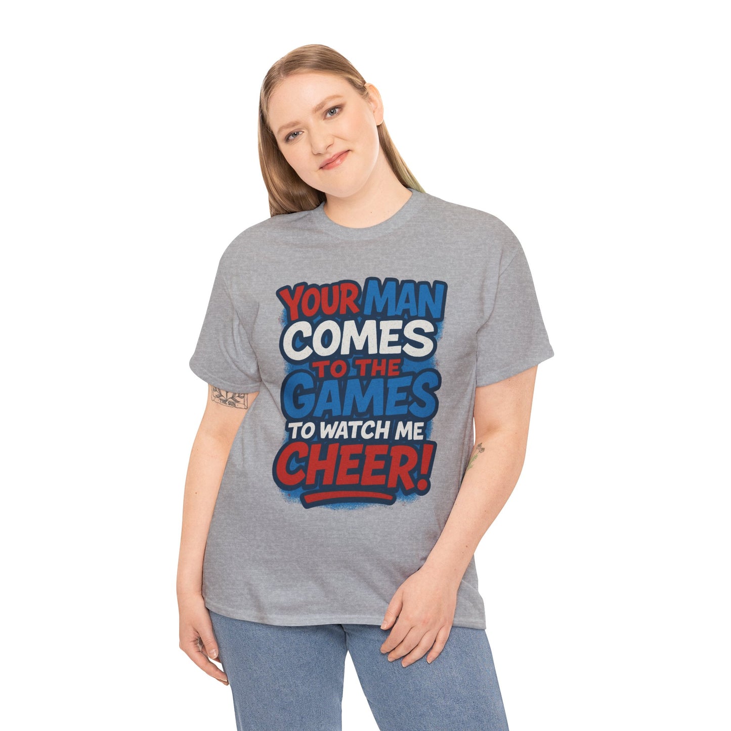 Cheerleader Your Man Watches Me Cotton Tee - Fan Apparel Red White Blue
